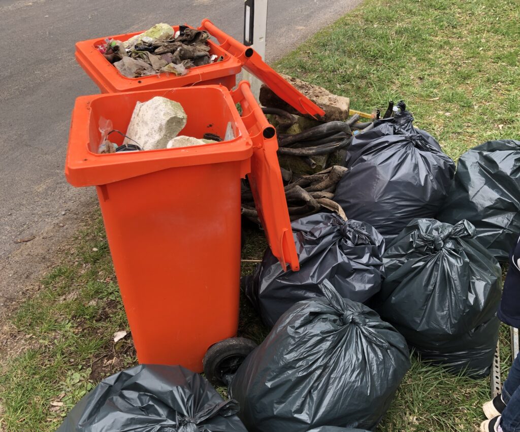 Zwei orangefarbene Mülltonnen mit offenem Deckel und mehreren schwarzen Müllsäcken auf Gras neben einem Gehweg